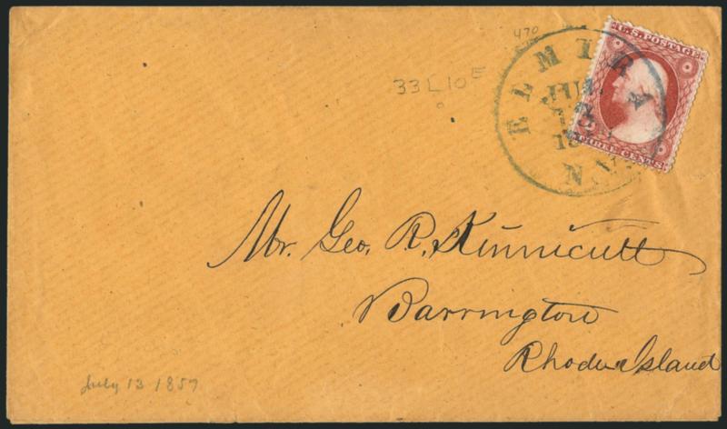 3c Claret, Ty. IV (26A).> Position 33L10E, wide margins which clearly show the characteristic of the type, tied by Elmira N.Y. Jul. 13, 1857 circular datestamp on orange cover to Barrington R.I., fresh and
Extremely Fine, the earliest recorded use
