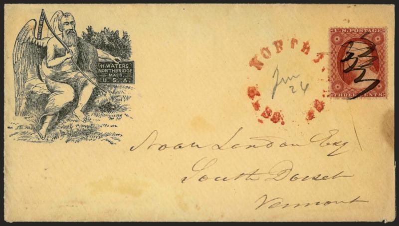 3c 1851-57 Issue Advertising Covers.> 17, incl. No. 26 with illustrated figure of angel and sicle, several blind embossed, few cameos on backflaps, one with No. 11A and Aetna Life Insurance Co. corner card, few
other interesting, edgewear and flaws,