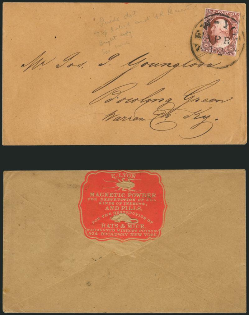 3c Claret, Ty. II (11A var).> Bright shade, top label at upper right recut, tied by New-York Apr. 12 circular datestamp on buff cover with red <Magnetic powder for destruction of all kinds of insects and Pills
for the destruction of rats and mice