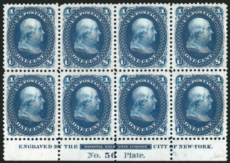 1c Blue, Plate Proof on India (63P3).> Bottom imprint and plate no. 56 block of eight with private perforations, usual small India paper imperfections, otherwise Very Fine, Plate 56 produced the 1875
Re-Issue