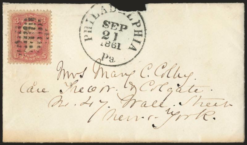 3c Pink (64).> Choice centering, bright color, cancelled by segmented cork, Philadelphia Pa. Sep. 21, 1861 circular datestamp on cover to New York, with original contents, small piece out at top from opening,
the stamp is Extremely Fine, with 1981