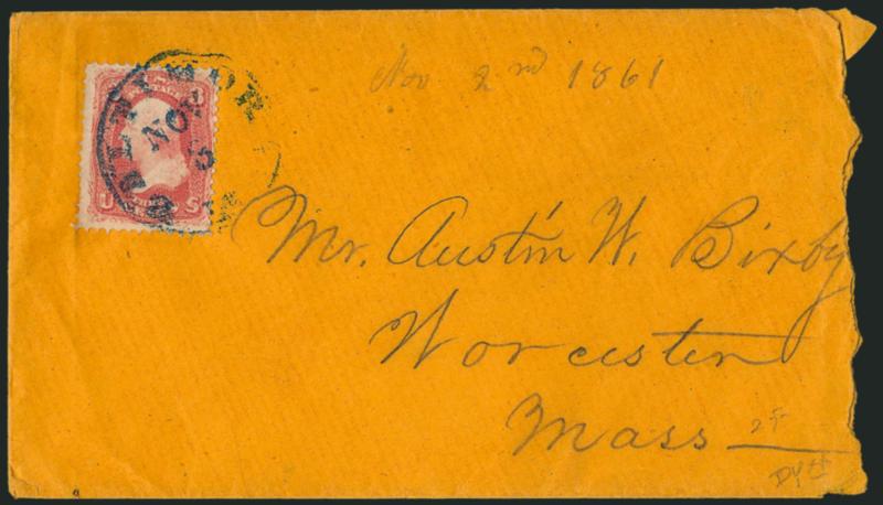 3c Pink (64).> Gorgeous deep shade, tied by <blue> Baltimore Md. Nov. 8 circular datestamp on orange cover to Worcester Mass., opened unevenly at right, Very Fine