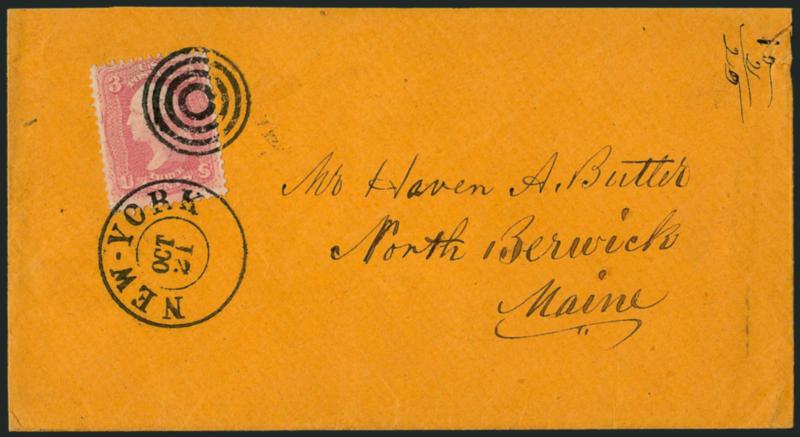 3c Pink (64).> Brilliant color as fresh as the day it was printed, tied by target and by New-York Oct. 21 double-circle datestamp on orange cover to North Berwick Me., missing top flap, with original contents,
Very Fine, a pretty cover, with 2004 P