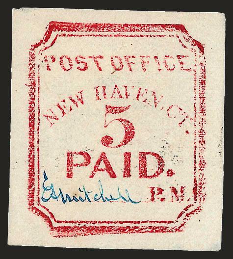 New Haven Conn., 5c Carmine, Reprint (8XU1R).> Blue signature, tiny thin spots at corners well away from design, Very Fine appearance