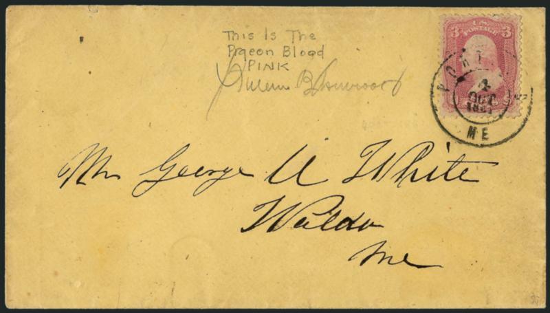 3c Pigeon Blood Pink (64a).> Bright color, choice centering, tied by Portland Me. Oct. 4, 1861 double-circle datestamp on yellow cover to Waldo Me.<><>^VERY FINE. A BEAUTIFUL EXAMPLE OF THE 1861 3-CENT PIGEON
BLOOD PINK ON COVER.^<><>Signed Ash