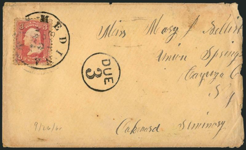 3c Pigeon Blood Pink (64a).> Bright shade, short perf at right, tied by segmented cork, Philadelphia Pa. Sep. 13, 1861 circular datestamp on small cover to military address near Washington D.C., slightly reduced
at left, some overall soiling, other