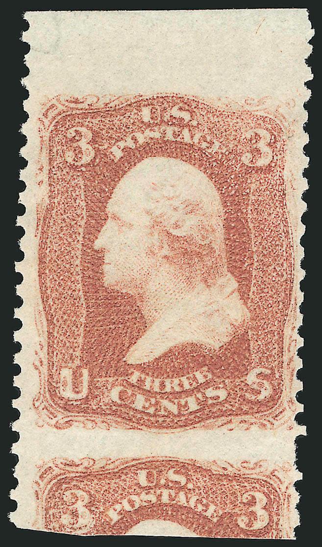 3c Rose, Imperforate Horizontally (65d var).> Single with sheet margin at top and huge portion of adjoining stamp at bottom, unused (no gum), single short perf at right, faint vertical crease, otherwise Fine,
scarce, ex Mitchell, Scott Retail for a p