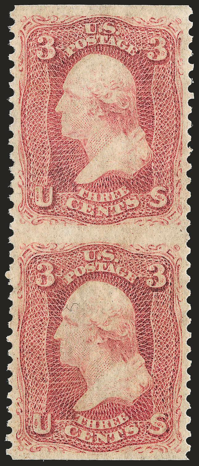 3c Rose, Vertical Pair, Imperforate Horizontally (65d).> Original gum, lightly hinged, wide margins at top and bottom, perfectly centered at sides, warm color<><>^EXTREMELY FINE GEM. PROBABLY THE FINEST KNOWN
EXAMPLE OF THE 3-CENT 1861 ISSUE IMPERF