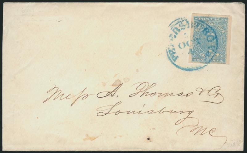 10c Light Blue, Paterson (2a).> Ample to large margins, lovely bright shade, tied by <blue> Petersburg Va. Oct. 4 circular datestamp on cover to Louisburg N.C. with <clothiers cameo return card> on backflap,
slightly reduced at left, otherwise Ver