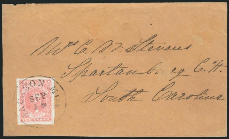 10c Rose (5).> Huge even margins, gorgeous bright color, tied by Jackson Miss. Sep. 15 circular datestamp on brown front only (with backflap) to Spartanburg S.C., couple scuffs at right, the stamp is an
Extremely Fine Gem, with 2002 P.F. certificat