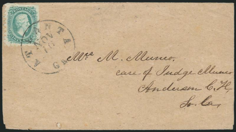 10c Blue, Die A, Atlanta Ga. Serpentine Roulette (11 var).> Perfs at left and bottom, other sides with wide straight edges, tied by Atlanta Ga. Nov. 10 circular datestamp on brown homemade cover to Anderson C.H.
S.C., Very Fine, this private perf i