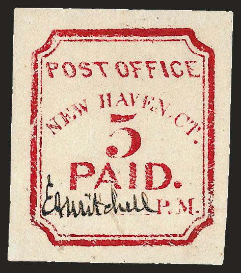 New Haven Conn., 5c Carmine, Reprint (8XU1R).> Dark Blue signature, rich color, Very Fine