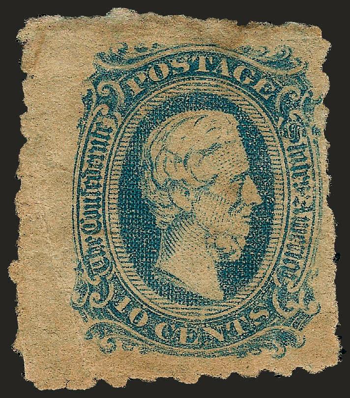 10c Blue, Die A, Forsyth Ga. Serpentine Roulette (11 var).> Original gum, slight creasing and toned spots, otherwise Fine, an exceedingly rare unused example of this private perf