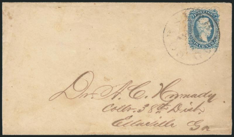10c Blue, Die A, Forsyth Ga. Serpentine Roulette 8 (11 var).> Well-centered for this perforation, tied by Forsyth Ga. Mar. 20 (1865) circular datestamp on cover to Ellaville Ga., slightly reduced at left, Very
Fine, extremely rare -- a total of eig