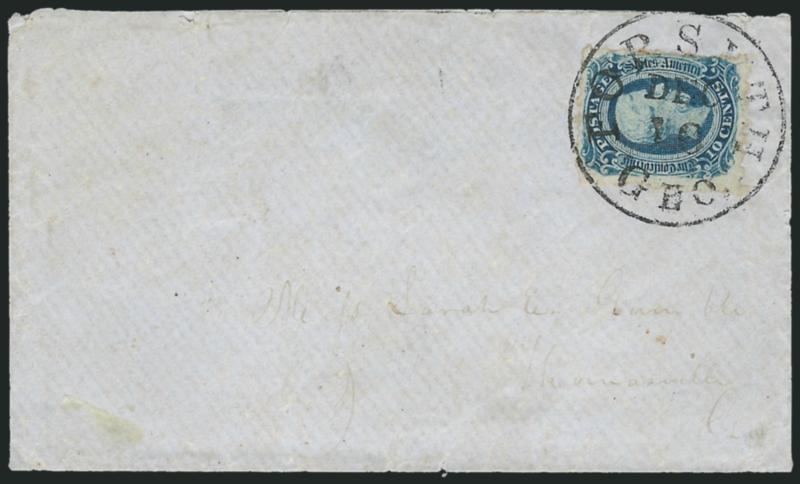 10c Blue, Die B, Forsyth Ga. Sawtooth Roulette (12 var).> Deep rich color, tied by Forsyth Ga. Dec. 10 circular datestamp on blue cover to Thomasville Ga., missing part of top flap, Very Fine, one of the finest
examples of this private perforation,