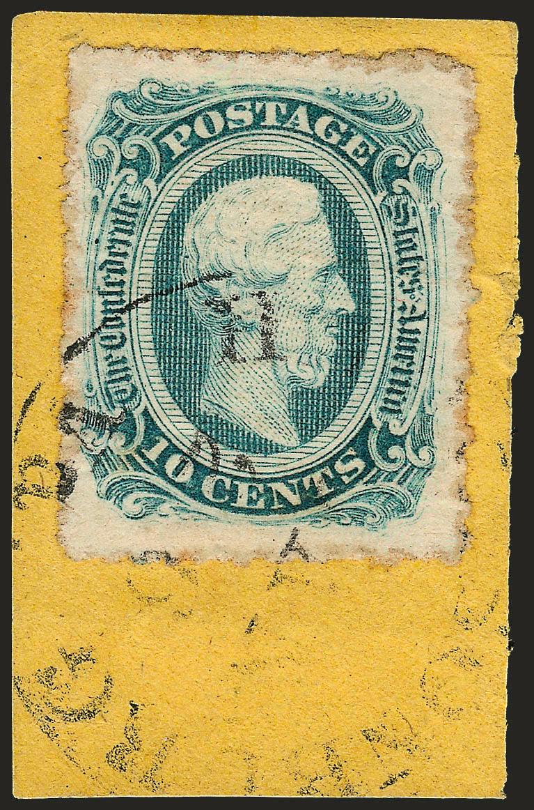 10c Blue, Die B, Harrisonburg Va. Roulette (12 var).> Exceptionally well-centered with roulettes on all sides, deep shade, tied by Harrisonburg Va. Jan. 26 circular datestamp on piece, Extremely Fine, the
Harrisonburg roulettes were used from post