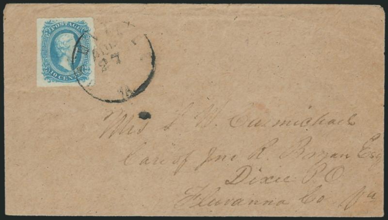 10c Blue, Die A, Harrisonburg Va. Roulette (11 var).> Unusually wide margins, showing full roulettes on three sides, stamp with broken top frameline variety, tied by Danville Va. Aug. 27 circular datestamp on
homemade cover to Dixie P.O. Va., Extre