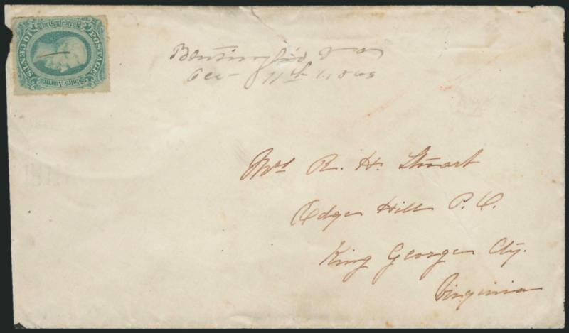 10c Blue, Die B, Harrisonburg Va. Roulette (12 var).> Clear roulettes on all four sides, cancelled by single penstroke, matching Bentivoglio Va. Dec. 11th 1863 ms. pmk. to Edgar Hill P.O. Va., slightly reduced
at left and few edge tears, stamp with