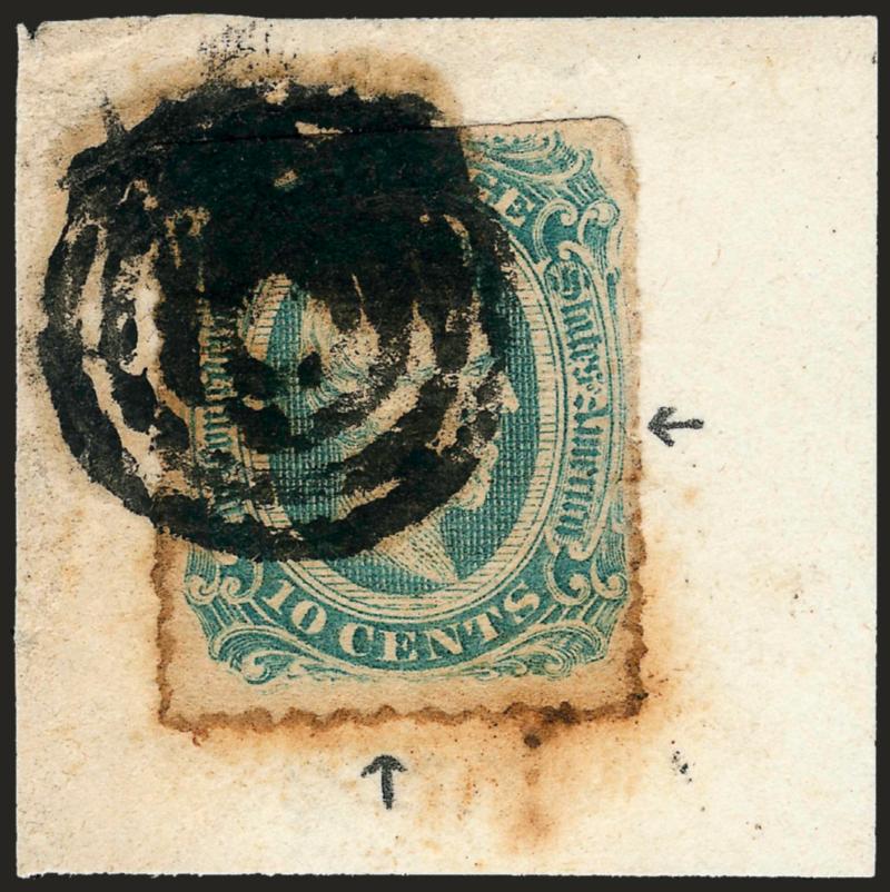10c Blue, Die B, Harrisonburg Va. Roulette (12 var).> Probably Harrisonburg (or Shenandoah) roulette, tied on piece by bold military field office target, toned around perfs, otherwise Very Fine, with 1990 Brian
Green certificate