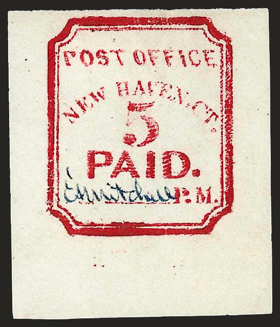 New Haven Conn., 5c Carmine, Reprint (8XU1R).> Dark Blue signature, rich color, Very Fine