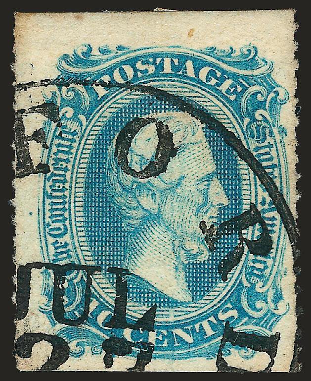 10c Blue, Die A, Oxford N.C. Roulette (11 var).> Roulettes at sides, razor-cut at top and bottom, bold Oxford N.C. datestamp, gorgeous color and impression, Very Fine and choice