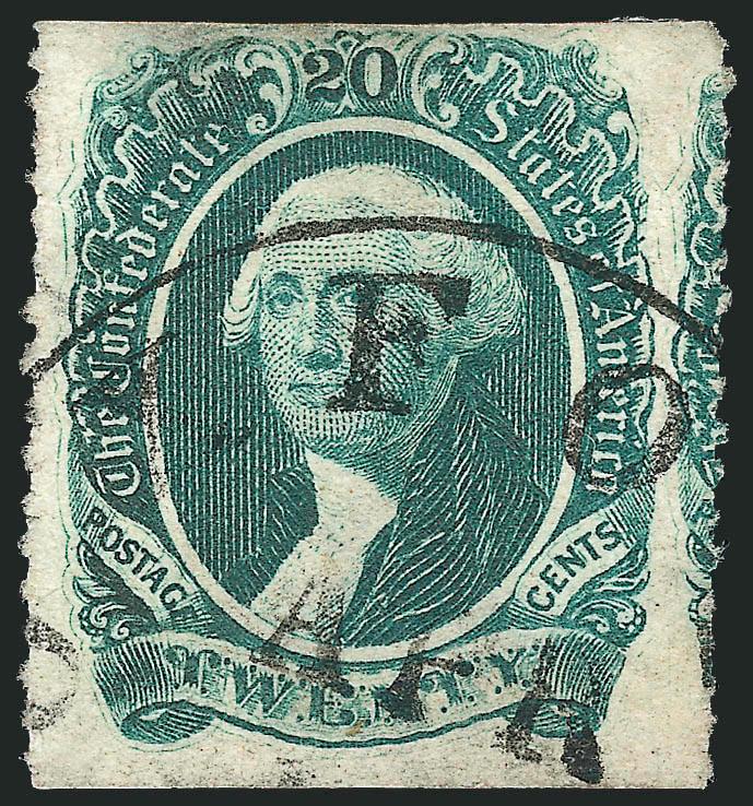 20c Dark Green, Oxford N.C. Roulette (13b var).> Razor-cut at top and bottom, rouletted at sides, bold Oxford N.C. circular datestamp with April date as usual, minor thin at top, Fine appearance, a rare stamp --
probably fewer than ten examples exist