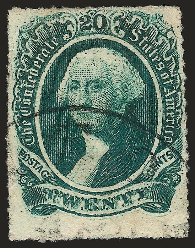 20c Dark Green, Oxford N.C. Roulette (13b var).> Roulettes on <all four sides,> lightly struck Oxford N.C. circular datestamp with April date as usual, faint thin spots noted on P.F. certificate but not C.S.A.,
Very Fine appearance, a rare stamp -- p