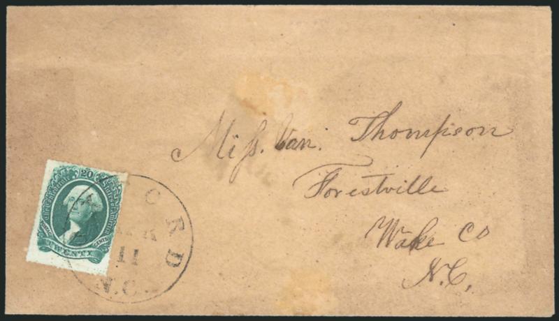 20c Green, Oxford N.C. Roulette (13 var).> Roulettes on <all four sides,> intense shade and impression, tied by Oxford N.C. Apr. 11 (1865) circular datestamp on brown cover to Forestville N.C., small scuffed
spot and light toning<><>^VERY FINE. A