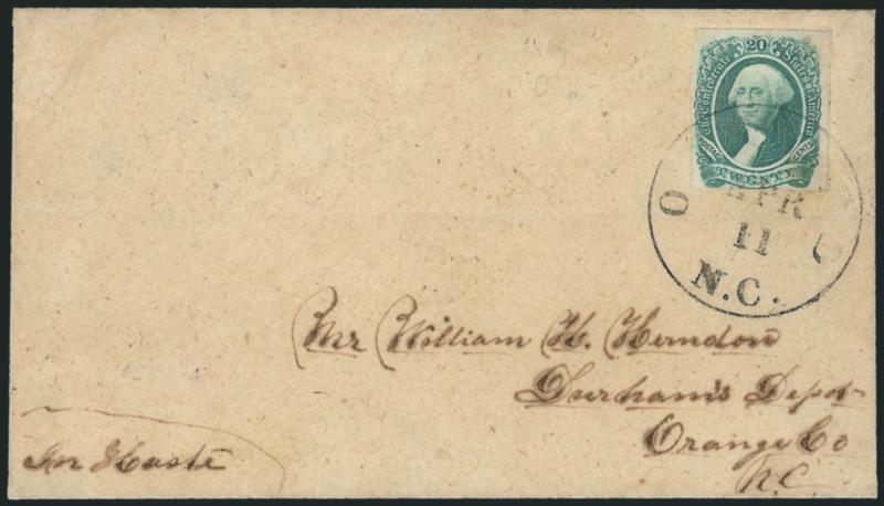 20c Green, Oxford N.C. Roulette (13 var).> Roulettes on three sides, tied by strike of Oxford N.C. Apr. 11 (1865) circular datestamp on immaculate cover to Durhams Depot N.C., light horizontal fold in cover
clear of stamp<><>^EXTREMELY FINE. A S