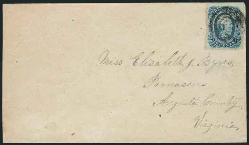 10c Dark Blue, Die B, Keatinge & Ball, Unofficial Roulette (12d var).> Intense shade, bottom margin shows full distinct roulette, tied by <military field office target> on gray cover to Parnassus Va., Extremely
Fine, the K & B printing was issued too