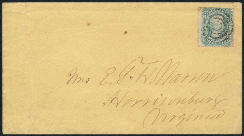 10c Greenish Blue, Die B, Harrisonburg Va. Roulette (12c var).> Roulettes on three sides, in at top, tied by <military field office target> on yellow cover <<to>> Harrisonburg Va., Very Fine, rare use of
Harrisonburg Roulette on incoming mail from a