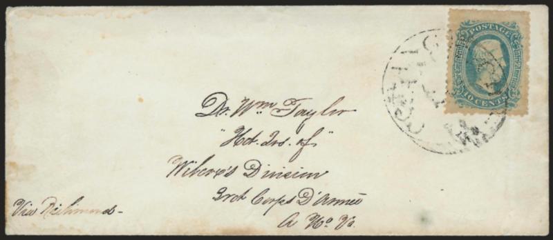 10c Blue, Die A, Perforated (11e).> Enormous margins, rich color, tied by double-struck Orange C.H. Va. circular datestamp on small cover handsomely addressed to <<Dr. Wm. Taylor, Head Qrs. of Wilcoxs Division,
3rd Corps DArmee, A.N.V. via Richm