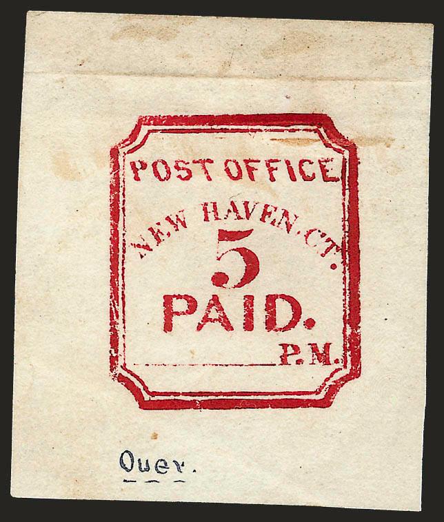 New Haven Conn., 5c Carmine, Reprint (8XU1R).> Unsigned, probably the 1872 Seebeck reprint, note on back reads in part <<presented to Jennie Hotchkiss by Ned Mitchell, Grandson of the above E.S. Mitchell>>, tiny
pinhole and thin spot away from desi