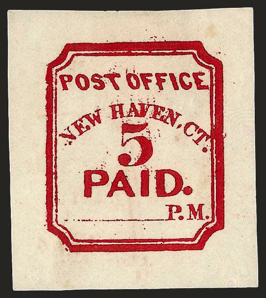 New Haven Conn., 5c Carmine, Reprint (8XU1R).> Unsigned, probably the 1872 Seebeck reprint, rich color, some offset on back indicates these were made in a a batch, Very Fine