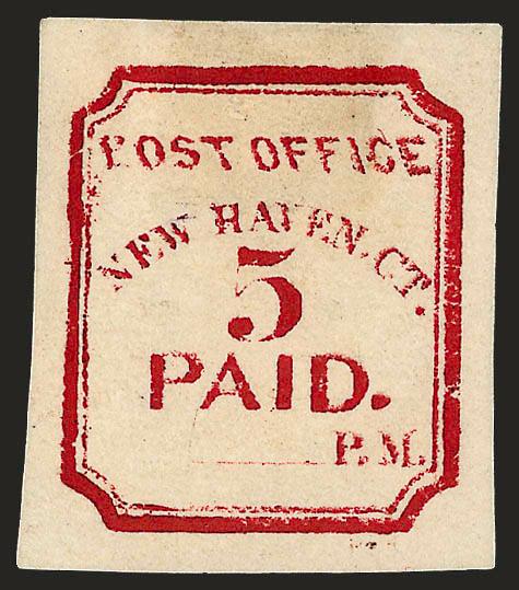 New Haven Conn., 5c Carmine, Reprint (8XU1R).> Unsigned, probably the 1872 Seebeck reprint, small thin spot, Very Fine