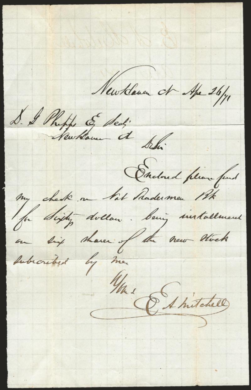 Edward A. Mitchell.> One-page autograph letter signed and dated at New Haven, Apr. 26, 1871, unrelated to post office business