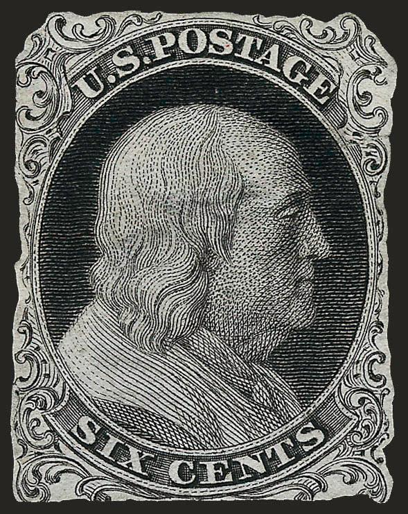 Toppan, Carpenter, Casilier & Co., Six Cents Black, Die Essay on India (5-E2).> Cut to shape as always, small central thin spot (most were adhering to card or India and this is not), intense impression, few small
flaws<><>^VERY FINE APPEARANCE. A