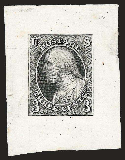 Rawdon, Wright, Hatch & Edson, 3c Black, Large Die Essay on India (11-E2).> 33 x 42mm, on thin card, crisp impression<><>^VERY FINE AND CHOICE. AN EXCEEDINGLY RARE ESSAY FOR THE 3-CENT 1851 ISSUE, PRODUCED BY
RAWDON, WRIGHT, HATCH & EDSON. ONLY TWO