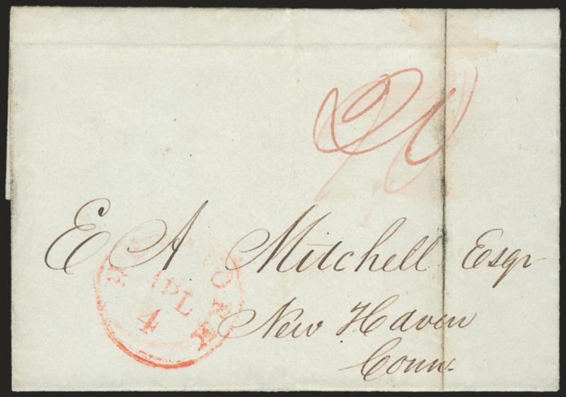 Edward A. Mitchell.> Four New Haven collateral items, incl. cover addressed to Postmaster Mitchell in April 1841 and three items with Mitchells signature (1846 and two from 1849), two are receipts for postage paid
and one is receipt for box rental