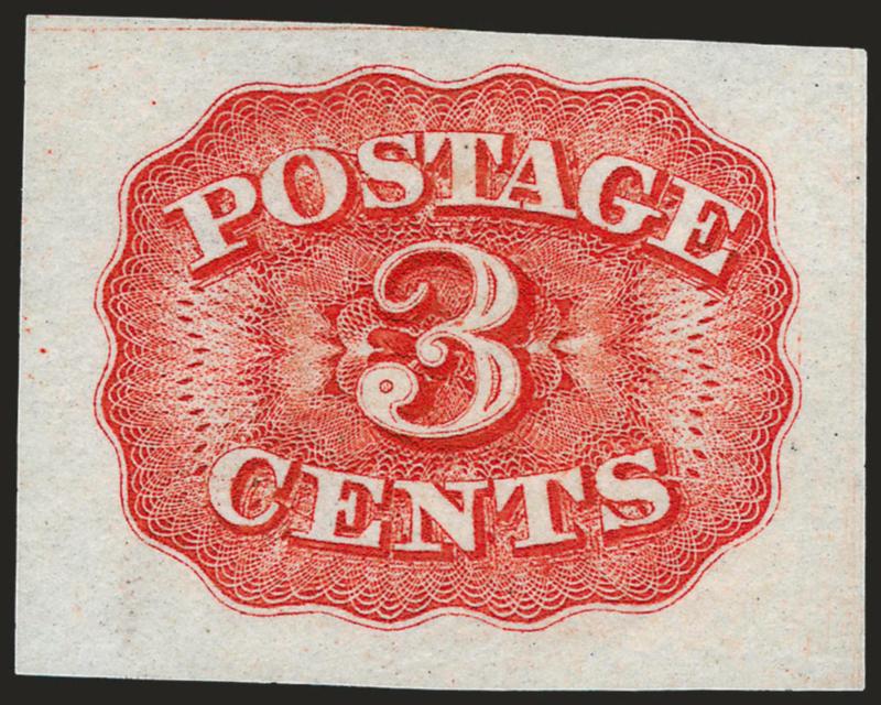 Bald, Cousland & Co., 3c Die Essay on Bond (11-E15b, 11-E16b).> Scarlet and Red Brown respectively, large margins, latter tiny thin spot, Very Fine