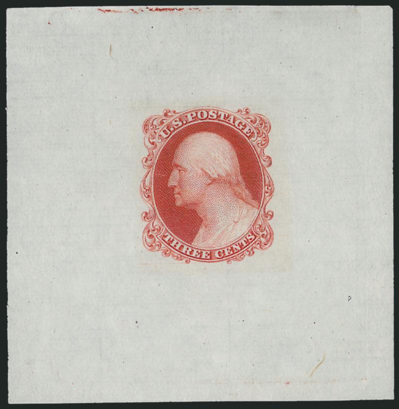 Toppan, Carpenter, Casilier & Co., 3c Die Essay on Proof Paper, Printed Thru a Mat (11-E17c).> Three, incl. Ultramarine, Dark Violet Red and Dull Scarlet, from 62 x 64mm to 63 x 72mm, bright colors, Very Fine and
choice