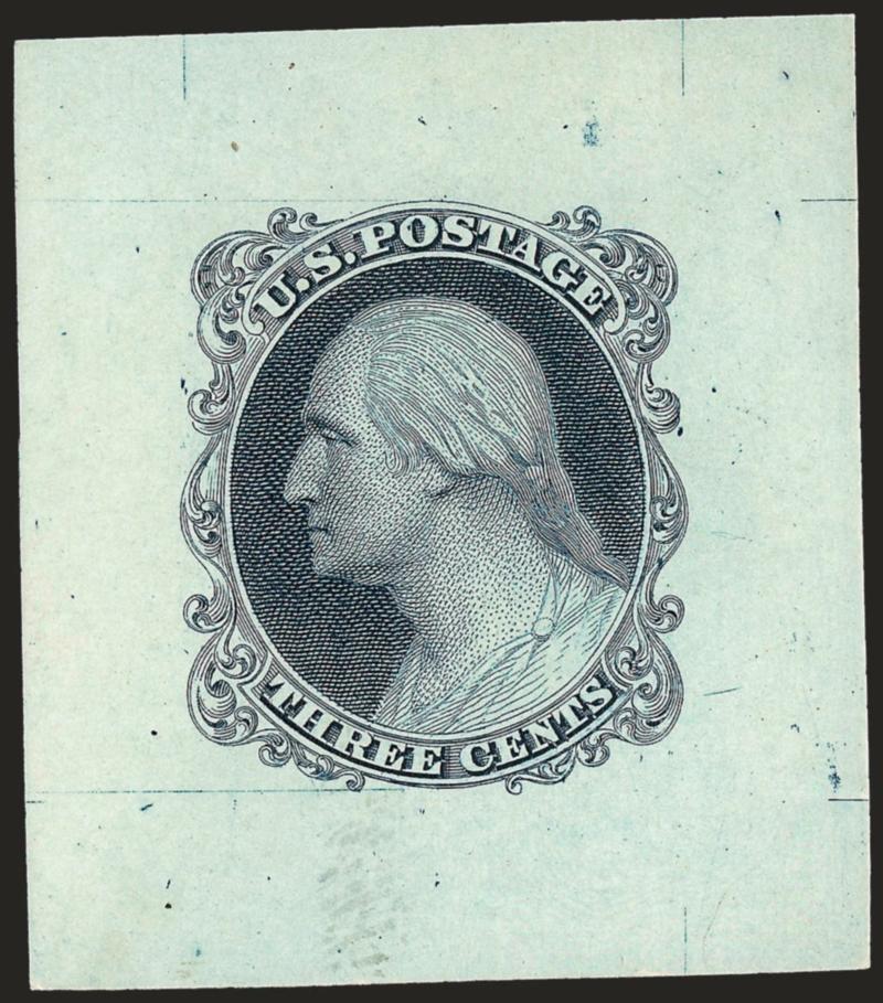 Toppan, Carpenter, Casilier & Co., 3c Die Essay on Colored Card (11-E17d).> Two, incl. Dark Blue on Pale Green and Deep Orange on Ivory, Very Fine example of these Schernikow essays