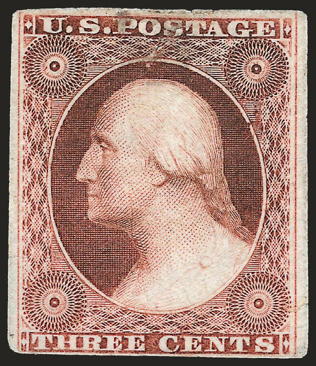 3c Red, Ty. II, Plate Proof on India (26P3).> Large margins to just in, rich color, small gum stain and tear at top, otherwise Fine, scarce