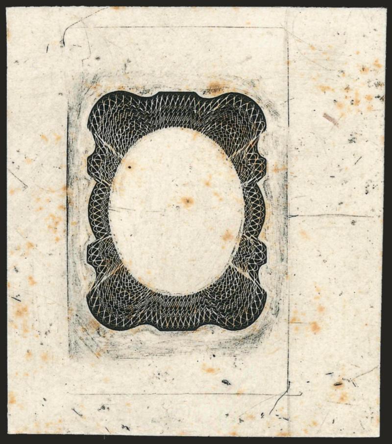 24c Black, Frame Only, Die Essay on India (37-E2).> On 39 x 45mm card, clear impression of the detailed lathework and with die layout lines, design does not have outer frame line, some toning spots<><>^VERY FINE
AND CHOICE. THIS ESSAY OF AN EARLY S