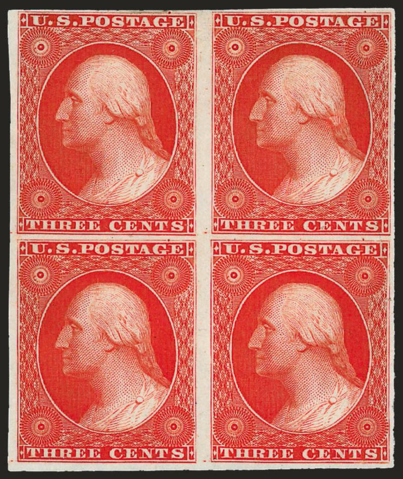3c Scarlet, Reprint, Plate Proof on India (41P3).> Block of four, large margins, intense shade and impression, Very Fine and choice, ex Finkelburg