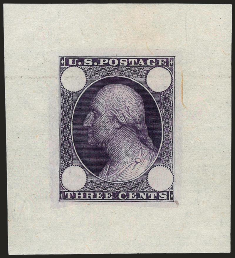 Toppan, Carpenter & Co., 3c Die Essay on Proof Paper (65-E1a, 65-E2b, 65-E3c, 65-E3e).> Two of each, range of colors with no duplication, fresh and Very Fine