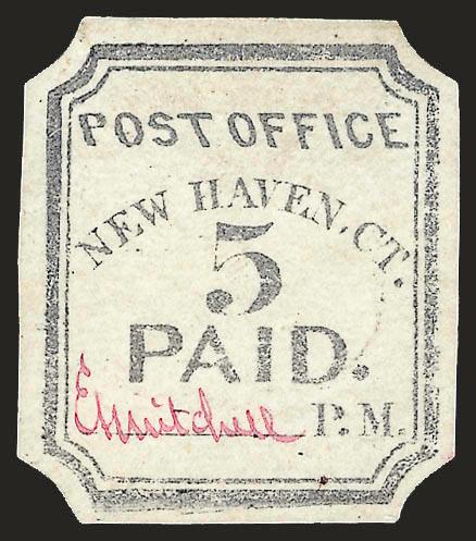 New Haven Conn., 5c Dull Blue, Reprint (8XU1R).> The 1871 reprint signed in Lilac Rose, cut to shape but with wide margins, fresh and Very Fine, the rarest of the New Haven reprints, only 20 were produced, with
1969 P.F. certificate