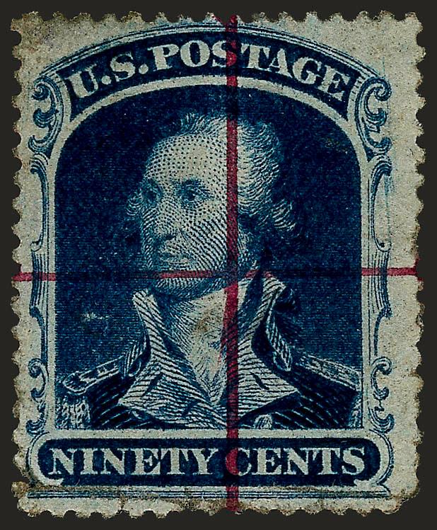 1c-90c 1857-60 Issue, Manuscript Lines (2039-S var).> Incl. two 1c, one 1c and 3c black pen cross-strokes, others with magenta, few flaws<><>^FINE-VERY FINE APPEARANCE. A SCARCE COMPLETE SET OF THE 1857-60 ISSUE
WITH CROSS-STROKE CONTROL MARKS. HI
