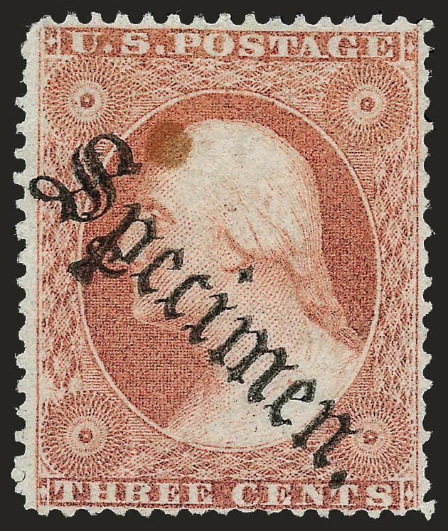 3c Dull Red, Specimen Overprint, Ty. F (26S-F).> Position 3R24, struck diagonally reading to lower right, small stain spot<><>^VERY FINE APPEARANCE. AN EXTREMELY RARE TYPE OF SPECIMEN OVERPRINT ON THE 3-CENT 1857
ISSUE.^<><>Ex Lewenthal and Pil