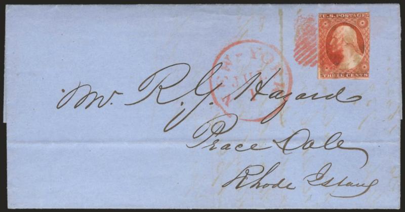 3c Orange Brown, Ty. II (10A).> Position 59L1E, large margins to just in, rich color, tied by red square grid, matching <New-York Jul. 1> circular datestamp on blue 1851 folded letter to Peace Dale R.I., light
horizontal file fold well away from st